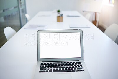 Buy stock photo Laptop screen, display or homepage for marketing mockup in boardroom for about us, contact us and faq. Technology, blank and website for analytics, ui and ux for email, web design and information