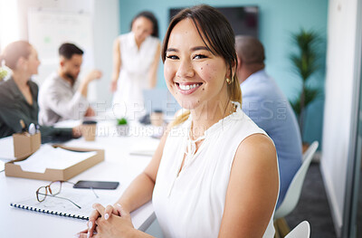 Buy stock photo Office, business meeting and portrait of Asian woman for presentation, collaboration and discussion. Corporate, company and face of happy person with staff for teamwork, planning and project feedback