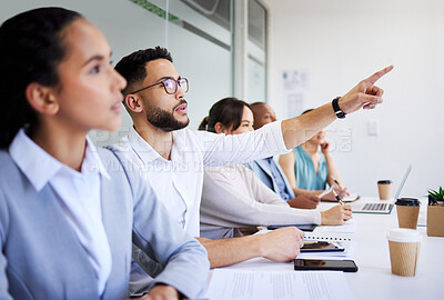 Buy stock photo Seminar man, business people audience and pointing at project report, presentation info or asking questions. Employee engagement, trade show and conference crowd feedback on group convention meeting
