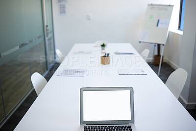 Buy stock photo Laptop screen, display and information for mock up in office, boardroom or company. Technology, blank or homepage for faq, contact us or about us on app, website or internet for marketing startup