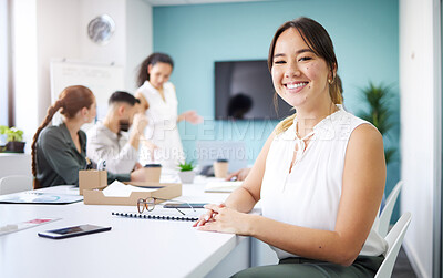 Buy stock photo Office, meeting and portrait of business Asian woman for conversation, collaboration and discussion. Corporate, company and face of person with staff for teamwork, planning and project feedback