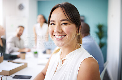 Buy stock photo Meeting, happy and portrait of business Asian woman for conversation, collaboration and discussion. Corporate office, company and face of person with staff for teamwork, planning and project feedback
