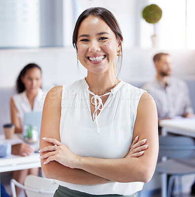 Buy stock photo Businesswoman, office and portrait with arms crossed, leader and company staff. Corporate, hr manager and happy with meeting, professional and worker for management, career and smile with pride 