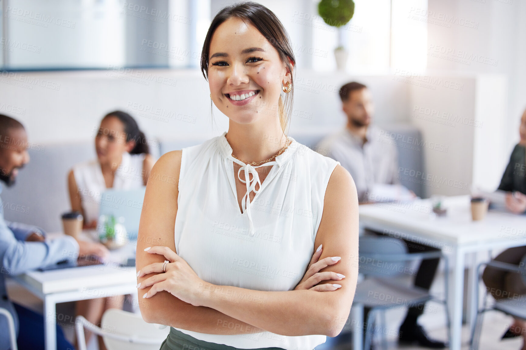 Buy stock photo Businesswoman, office and portrait with arms crossed, employees and company staff. Corporate, hr manager and happy with meeting, professional and worker for management, career and smile with pride 