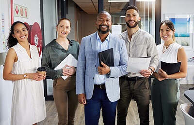 Buy stock photo Portrait, diversity and collaboration with a business team in the office for management or leadership. Corporate, smile or happy with an employee group of men and women in the workplace together
