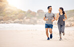 Couple of friends, running and fitness on beach for workout, training and happy with cardio health and nature mockup. Excited woman, man or personal trainer by ocean and outdoor for exercise together