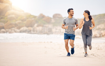 Buy stock photo Couple of friends, running and fitness on beach for workout, training and happy with cardio health and nature mockup. Excited woman, man or personal trainer by ocean and outdoor for exercise together