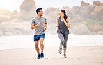 Couple of friends, running and exercise by ocean in fitness training, accountability and cardio for race or support. Happy plus size woman, man or personal trainer by beach or outdoor for workout