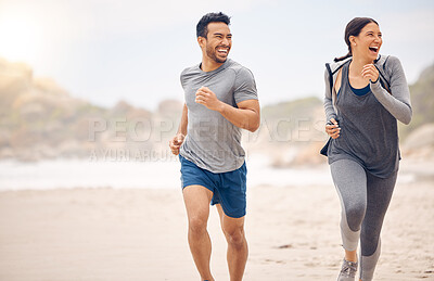 Buy stock photo Couple of friends, running and training on beach for fitness, workout and excited or happy for cardio, race or support. Excited woman, man or personal trainer by sea and outdoor for exercise health