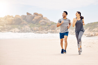 Buy stock photo Couple of friends, running and exercise on beach for workout, training and happy with cardio health on nature mockup. Excited woman, man or personal trainer thinking of outdoor fitness by the ocean