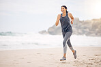 Woman, running and fitness on beach for workout, training and cardio, health or outdoor wellness with smile. Young person, athlete or sports runner by ocean or sea with exercise or energy on mockup