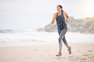 Buy stock photo Woman, running and fitness on beach for workout, training and cardio, health or outdoor wellness with smile. Young person, athlete or sports runner by ocean or sea with exercise or energy on mockup