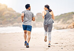 Couple of friends, running and workout on beach for fitness, training and accountability with cardio, race or support. Back of people, athlete or runner by ocean, sea and outdoor for exercise health