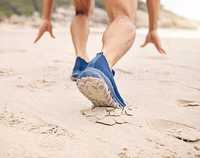 Buy stock photo Feet, starting line and ready for run, beach and exercise and warm up for fitness, cardio and workout by ocean. Legs, active and outdoors for challenge, sprint and performance or training on shore