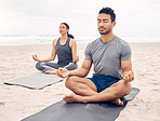 Couple of friends, lotus pose and beach meditation for zen fitness, calm exercise and mindfulness or holistic wellness. Young people in meditation, yoga by sea and ocean or nature for mental health