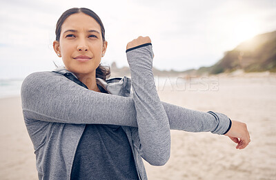 Buy stock photo Beach, fitness and woman stretching arms in nature for running, training or morning cardio. Exercise, warm up or face of runner at sea for sports, wellness or health, workout or Cape Town ocean run
