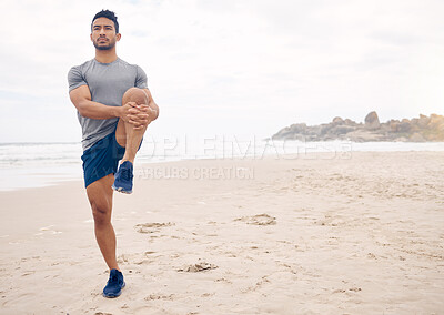 Buy stock photo Fitness, stretching and space with a man on the beach at the start of his workout for health or wellness. Exercise, thinking and warm up with a young athlete training outdoor by the ocean or sea