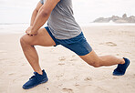 Get your legs ready for itMan, stretching and legs on beach, exercise and warm up for fitness, ready and workout by ocean. Male person, sports and active in outdoors, challenge and prepare for performance, training and nature