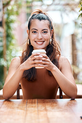 Buy stock photo Portrait, relax and woman with a coffee, cafe and peaceful with happiness, morning espresso or paper cup. Face, person or girl with tea, cappuccino or cheerful with joy, smile or calm in a restaurant