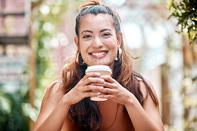 Buy stock photo Portrait, smile and woman with a coffee, cafe and relax with happiness, morning espresso or paper cup. Face, person or girl with tea, cappuccino or cheerful with joy, peaceful or calm in a restaurant