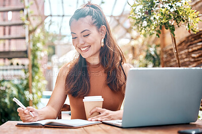 Buy stock photo Happy woman, coffee and notebook for planning in cafe with laptop for email, message or web. Creative, female blogger and smile for future, idea or vision for project, article or social media post