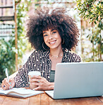 Portrait, happy woman and smile for remote work in cafe, restaurant and outside with laptop, coffee and notebook. Black person, afro and excited expression for blog, website or article with journal