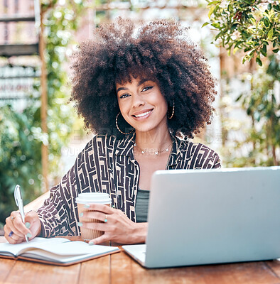Buy stock photo Portrait, happy woman and smile for remote work in cafe, restaurant and outside with laptop, coffee and notebook. Black person, afro and excited expression for blog, website or article with journal