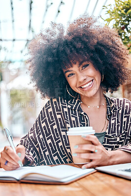 Buy stock photo Woman, writing and smile in cafe, portrait and planning for future, ideas and vision for growth. Black female person, drinking coffee and journal for research, restaurant and notebook for university