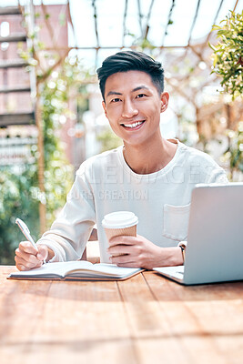 Buy stock photo Man, writing and smile in cafe, notebook and planning for future, ideas and vision for growth. Asian male person, drinking coffee and laptop for research, restaurant and notes by student in portrait