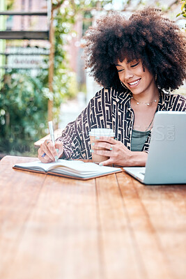 Woman, writing and smile in cafe, notebook and planning for future, ideas and vision for growth. Black female person, drinking coffee and laptop for research, restaurant and notes for university