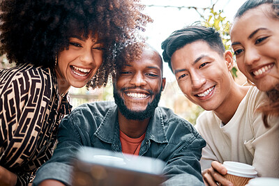 Friends, diversity and selfie outdoor for social media post, online connection or cafe visit together. Men, women or student at summer meet up or technology for coffee double date, drink at outing