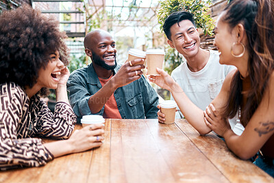Buy stock photo Friends, hangout and drinking coffee at cafe, happy and communication or talking, cheers and fun. People, diversity and laughing for funny joke, smile and celebration for bonding, humor at restaurant