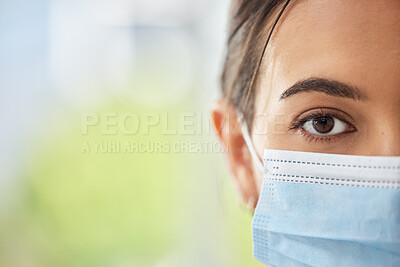 Buy stock photo Woman, face mask and closeup with space, portrait and promotion for wellness, healthcare and stop covid. Girl, person and ppe fabric for breathing, mockup and safety from bacteria for protection