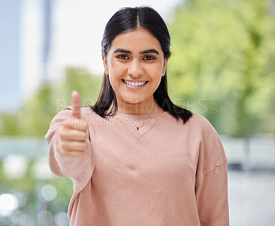 Buy stock photo Face, thumbs up and smile portrait of a woman in a house with sign for support, thank you or yes. Happy Indian female model person show hand or like emoji for success, trust and goals or good job