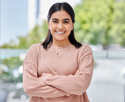 Buy stock photo Smile, portrait and face of a young woman at home with arms crossed, happiness and confidence. Portrait of Indian female model person with a positive mindset, beauty and blurred background to relax