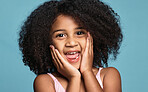 Happy girl, child and excited surprise face of a kid in a studio with happiness and wow expression. Portrait of a young model from Chicago with natural hair showing a smile, omg and shock pose