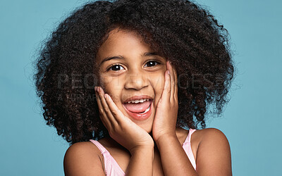 Buy stock photo Happy girl, child and excited surprise face of a kid in a studio with happiness and wow expression. Portrait of a young model from Chicago with natural hair showing a smile, omg and shock pose