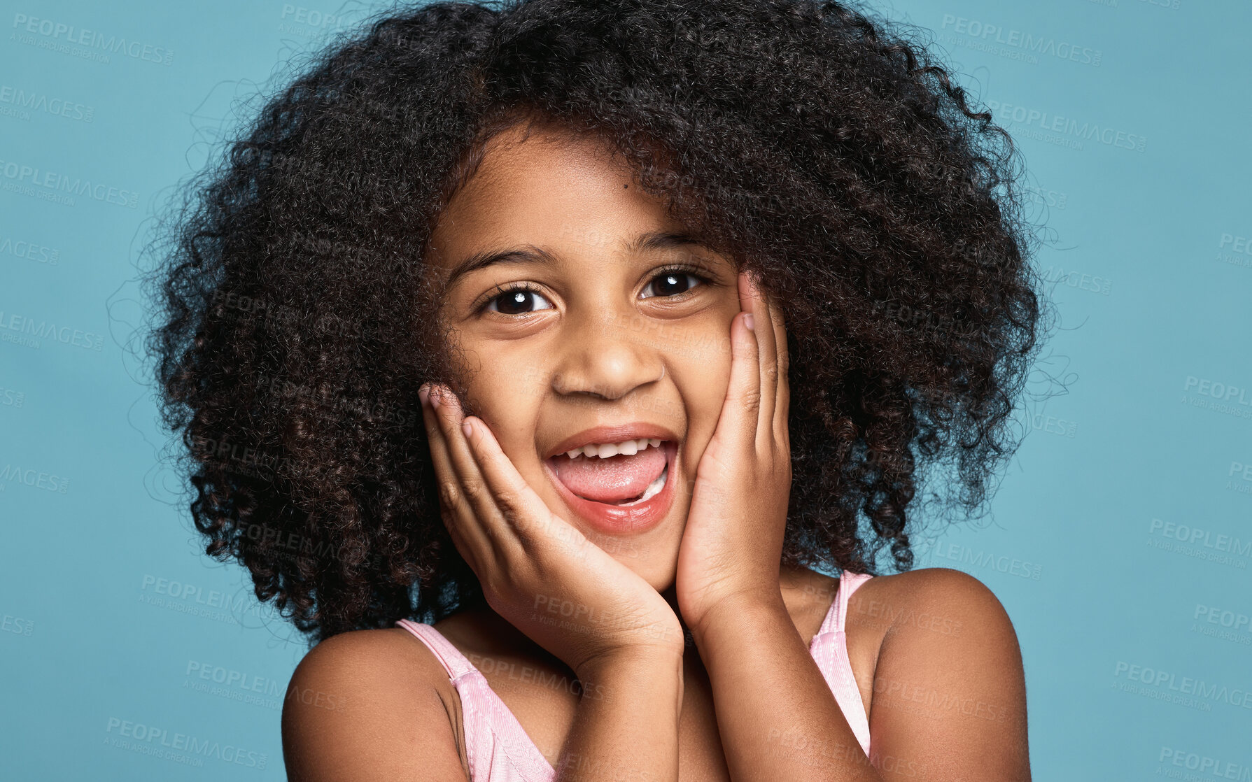 Buy stock photo Happy girl, child and excited surprise face of a kid in a studio with happiness and wow expression. Portrait of a young model from Chicago with natural hair showing a smile, omg and shock pose