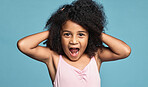 Portrait, black girl child and excited being surprised, shocked and touch hair with blue studio background. Wow, African American female kid or natural hair or afro have fun, smile and happy for play
