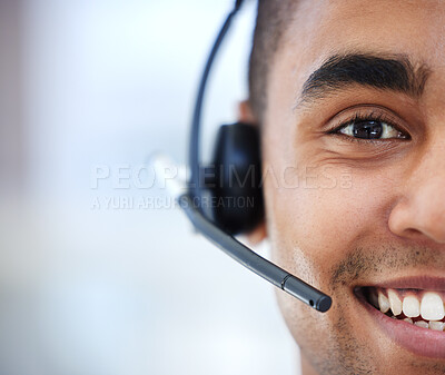 Buy stock photo Call center, portrait and happy man closeup consulting for contact us, customer support or faq. Telemarketing, smile and half face of lead generation consultant with loan, help or virtual assistance