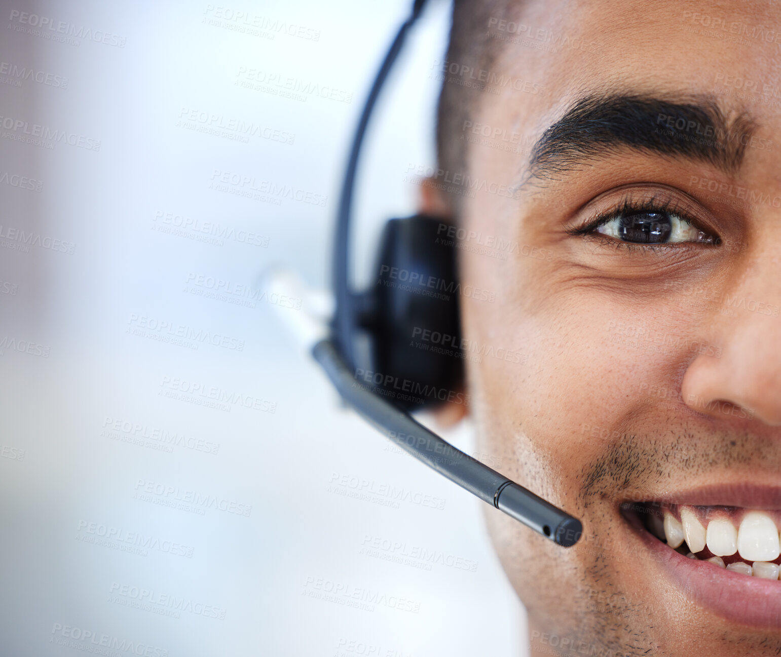 Buy stock photo Call center, portrait and happy man closeup consulting for contact us, customer support or faq. Telemarketing, smile and half face of lead generation consultant with loan, help or virtual assistance