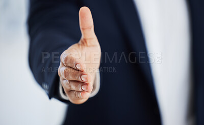 Buy stock photo Shaking hands, business offer and meeting for job interview, recruitment and hiring agreement, negotiation or introduction. Corporate person with handshake for POV client in welcome or career success