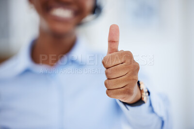 Buy stock photo Hands, thumbs up and closeup for thank you, yes sign and winner support for call center service. Finger gesture, approval and professional achievement with agreement for positive career and feedback