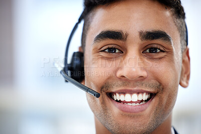 Buy stock photo Business man, call center and portrait for communication, customer support and e commerce help or service. Face of consultant or happy agent with headphones for contact us, FAQ or virtual advice