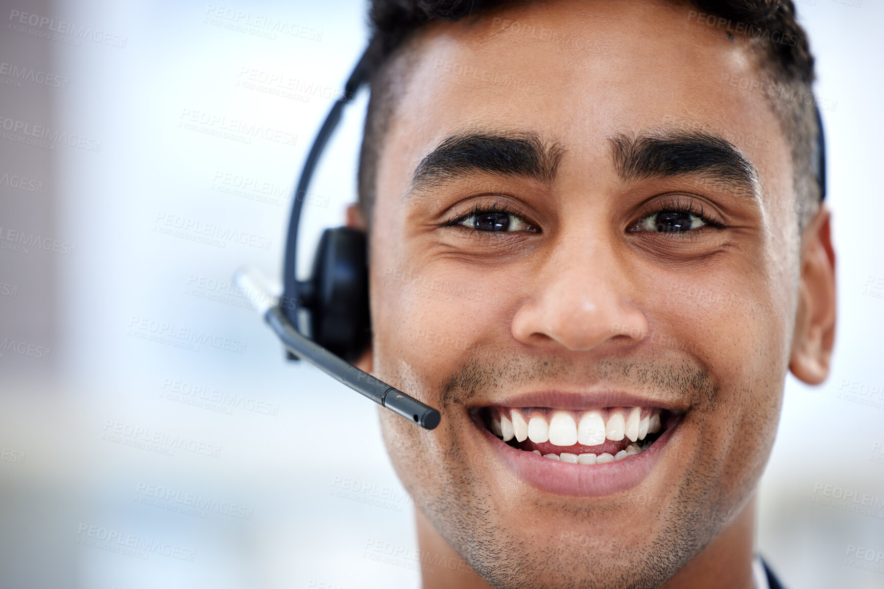 Buy stock photo Business man, call center and portrait for communication, customer support and e commerce help or service. Face of consultant or happy agent with headphones for contact us, FAQ or virtual advice