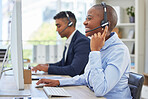 Business woman, call center and communication, customer service or e commerce support on computer. Professional consultant or agent with headphones for solution, questions and happy chat in workspace