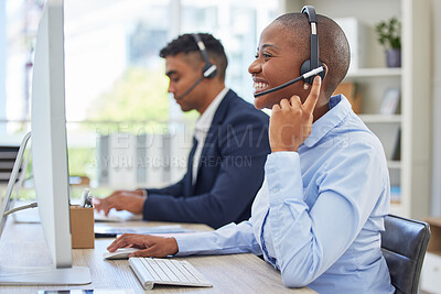 Buy stock photo Business woman, call center and communication, customer service or e commerce support on computer. Professional consultant or agent with headphones for solution, questions and happy chat in workspace