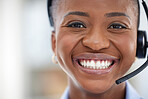 Portrait, smile and call center with a business black woman closeup in an office for support or consulting. Face, trust and headset with a happy young employee in her workplace for customer service