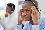 Call center, stress and black woman with headache in office crisis while consulting for crm, faq or contact us. Telemarketing, anxiety or sad consultant frustrated by vertigo, 404 or glitch mistake