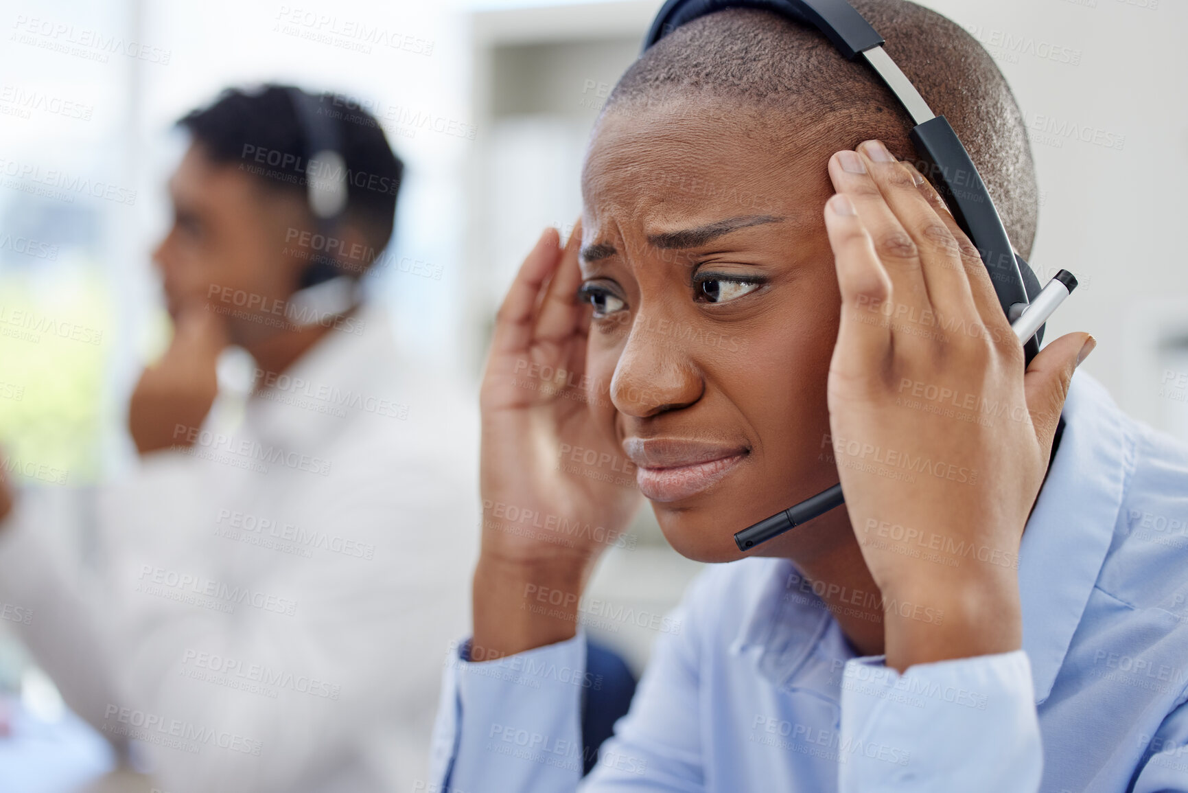 Buy stock photo Call center, stress and black woman with headache in office crisis while consulting for crm, faq or contact us. Telemarketing, anxiety or sad consultant frustrated by vertigo, 404 or glitch mistake